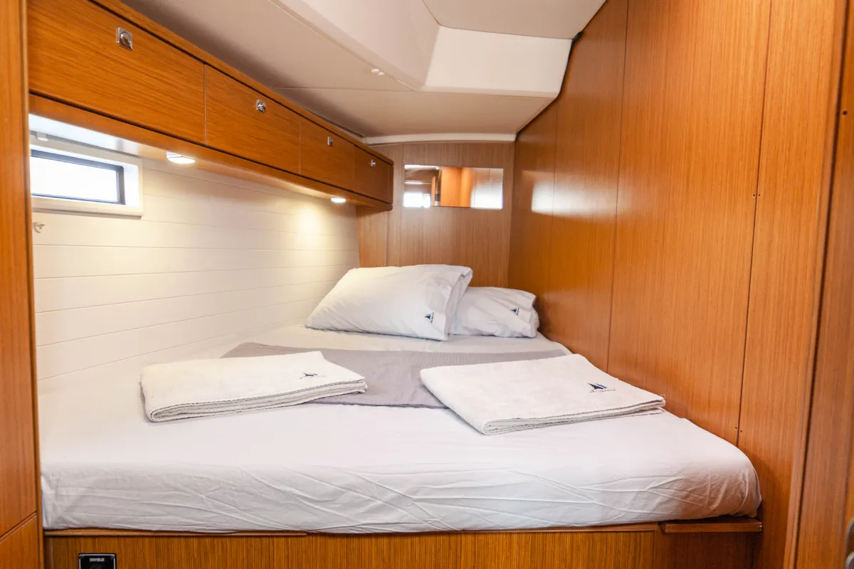 Cabin on Sail Vega, a Bavaria Cruiser 46 sailboat at Fethiye, Turkey