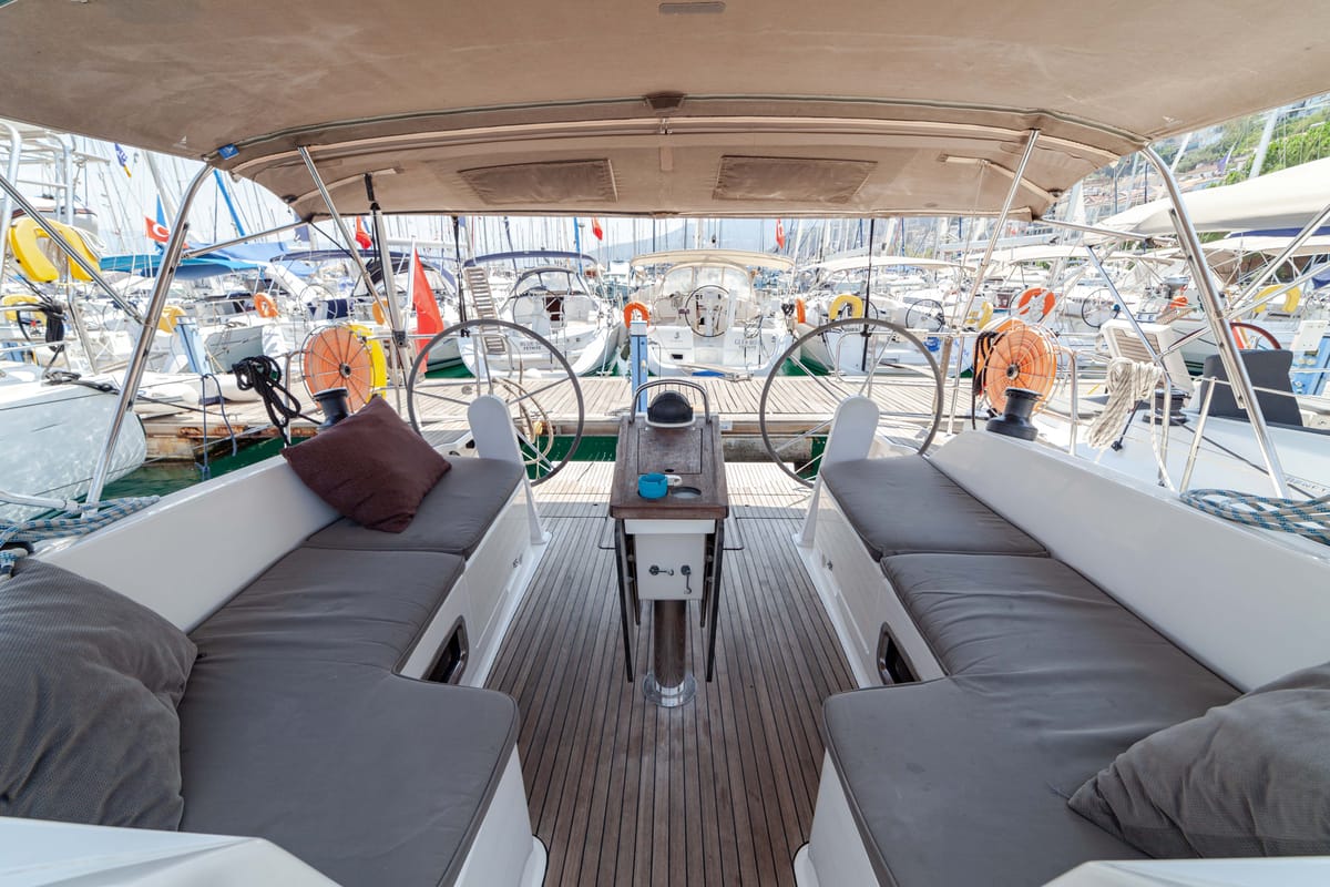 Cockpit of Sail Vega, a Bavaria Cruiser 46 sailboat at Fethiye, Turkey