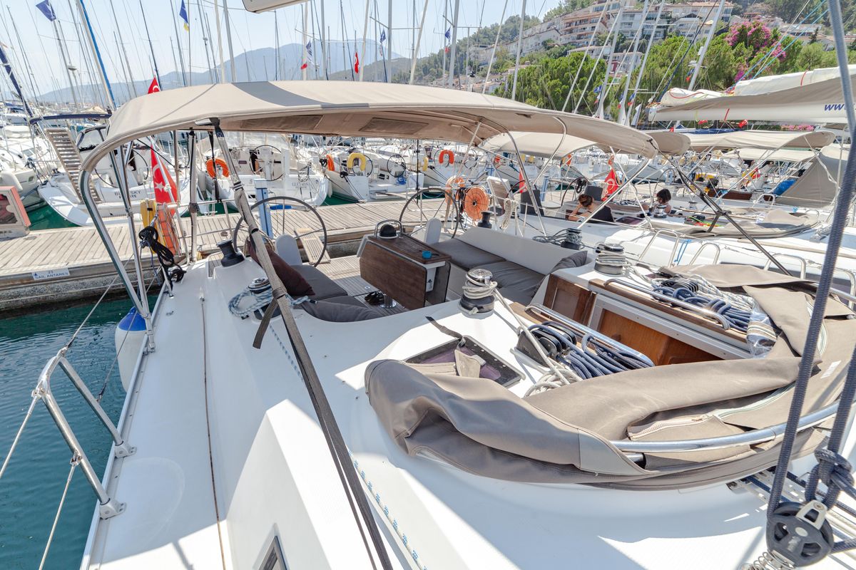 Deck of Sail Vega, a Bavaria Cruiser 46 sailboat at Fethiye, Turkey