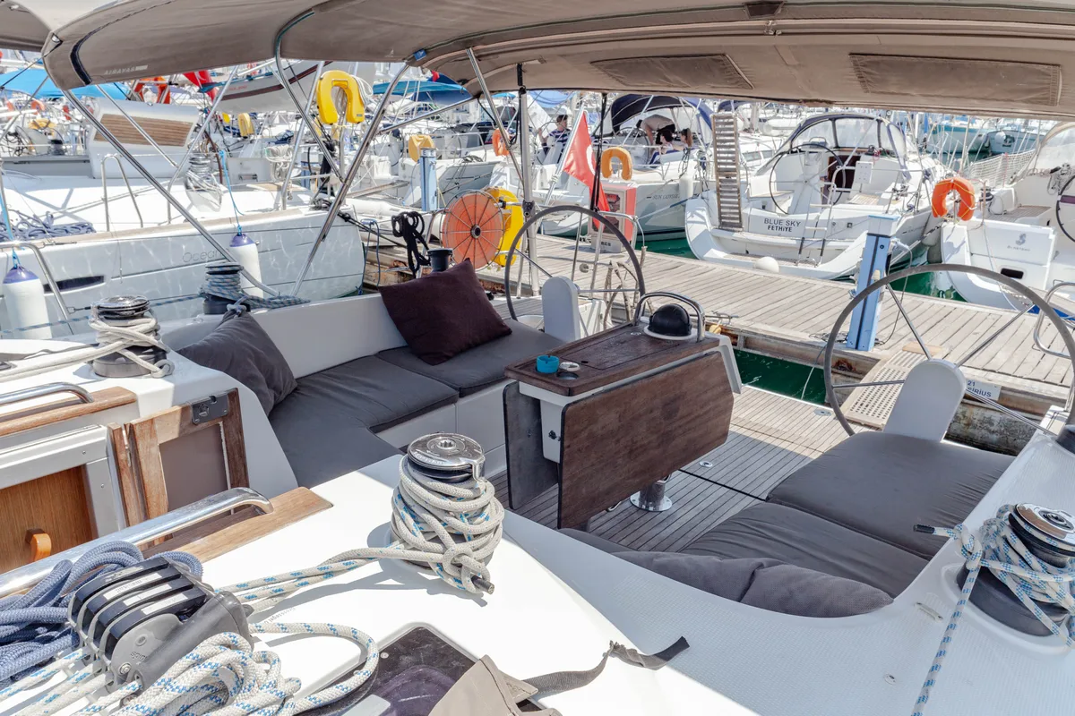 Cockpit of Sail Vega, a Bavaria Cruiser 46 sailboat at Fethiye, Turkey