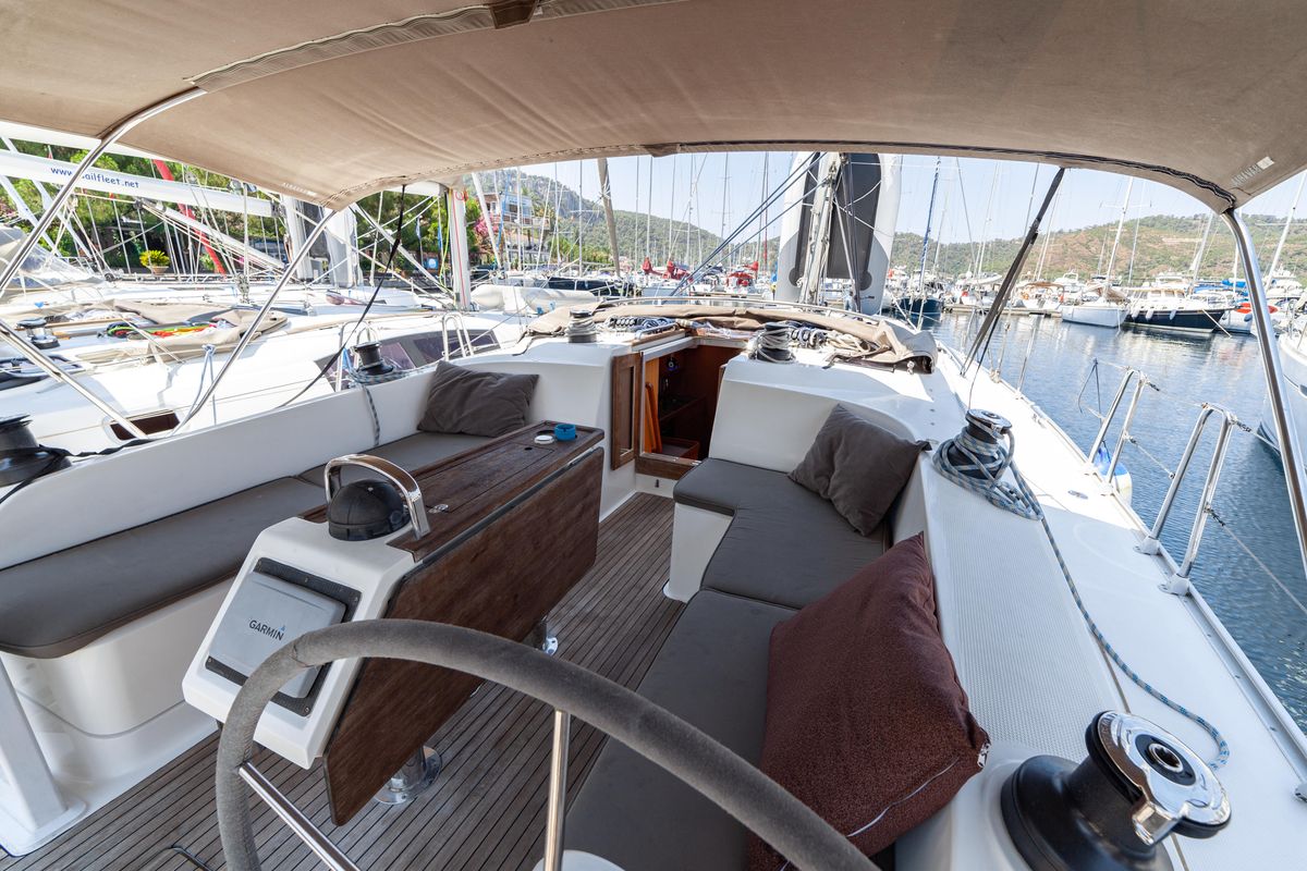 Cockpit of Sail Vega, a Bavaria Cruiser 46 sailboat at Fethiye, Turkey