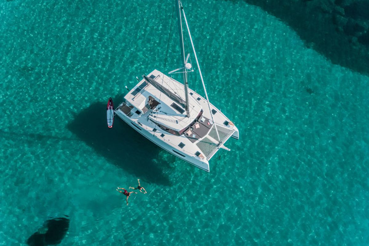 Exterior view of My Way, a Fountaine Pajot Isla 40 catamaran at Taranto, Italy