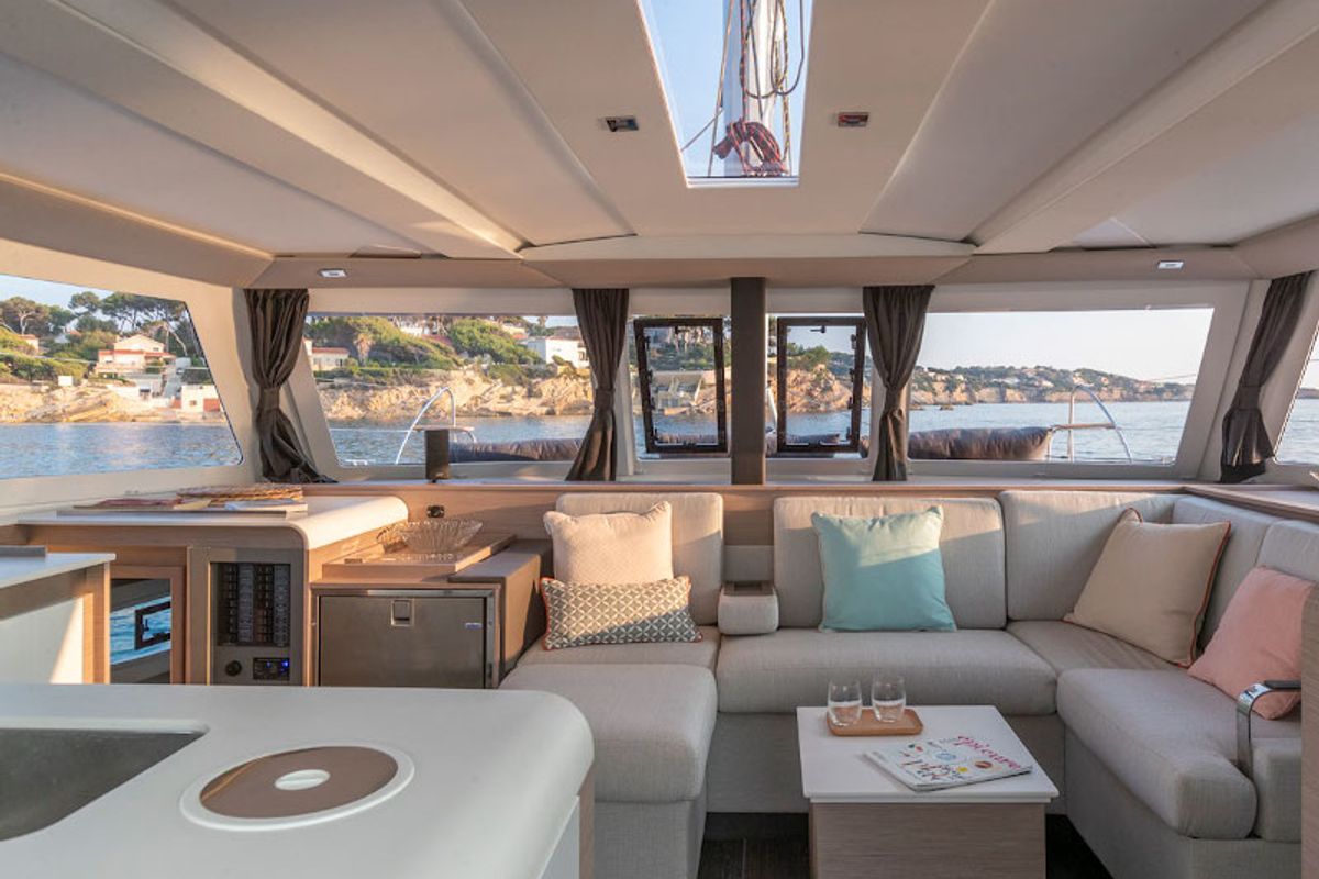 Salon of My Way, a Fountaine Pajot Isla 40 catamaran at Taranto, Italy