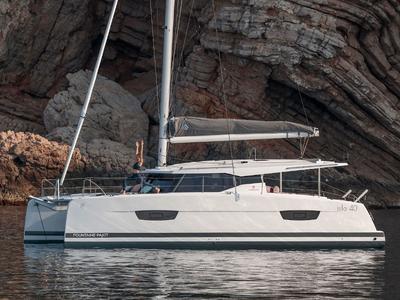Exterior view of My Way, a Fountaine Pajot Isla 40 catamaran at Taranto, Italy