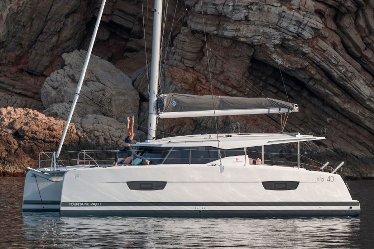 Exterior view of My Way, a Fountaine Pajot Isla 40 catamaran at Taranto, Italy