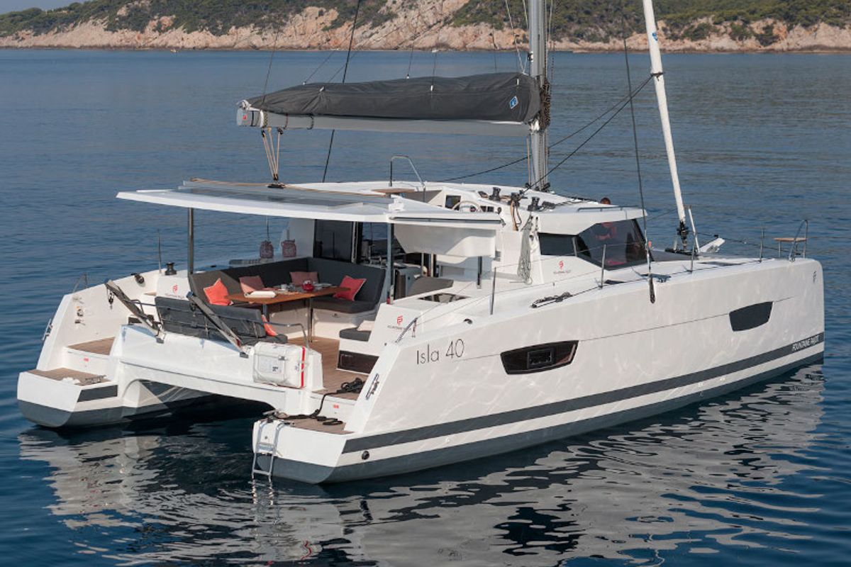 Exterior view of My Way, a Fountaine Pajot Isla 40 catamaran at Taranto, Italy