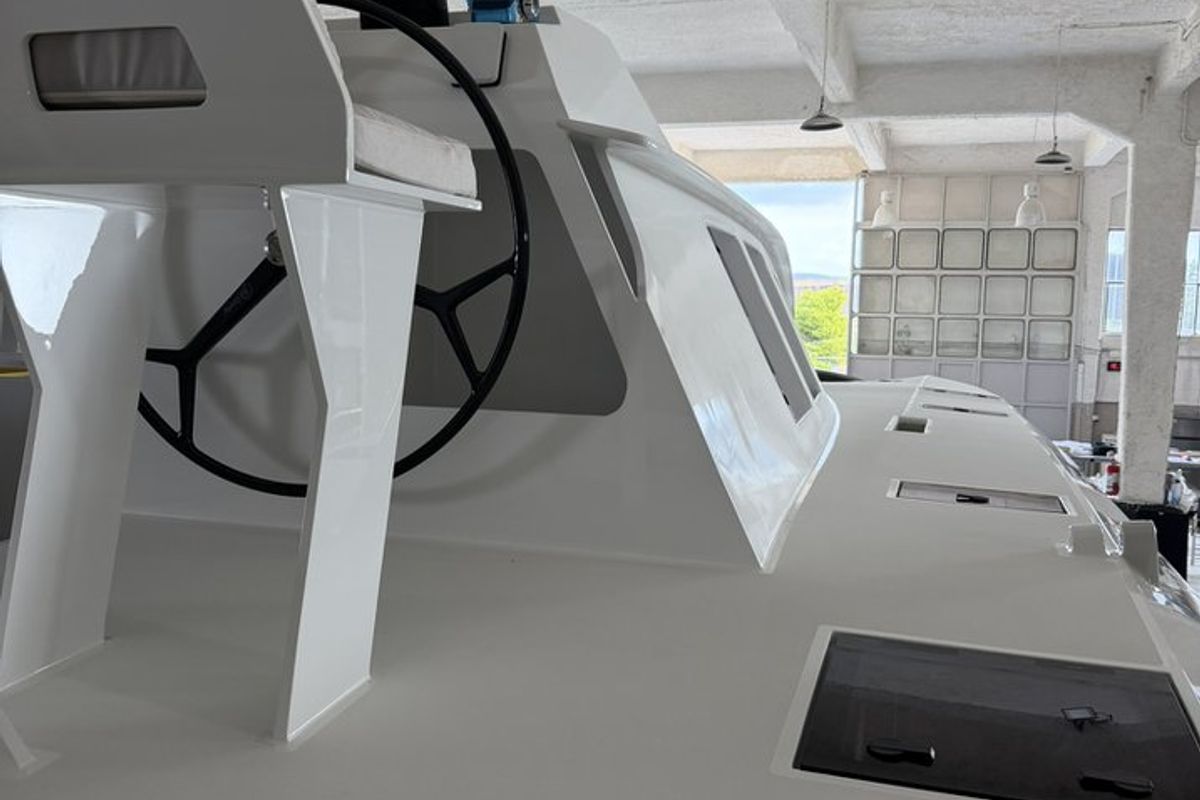 Cockpit of No Name, a Armor Boats Solitaire 1740 catamaran at Athens, Greece