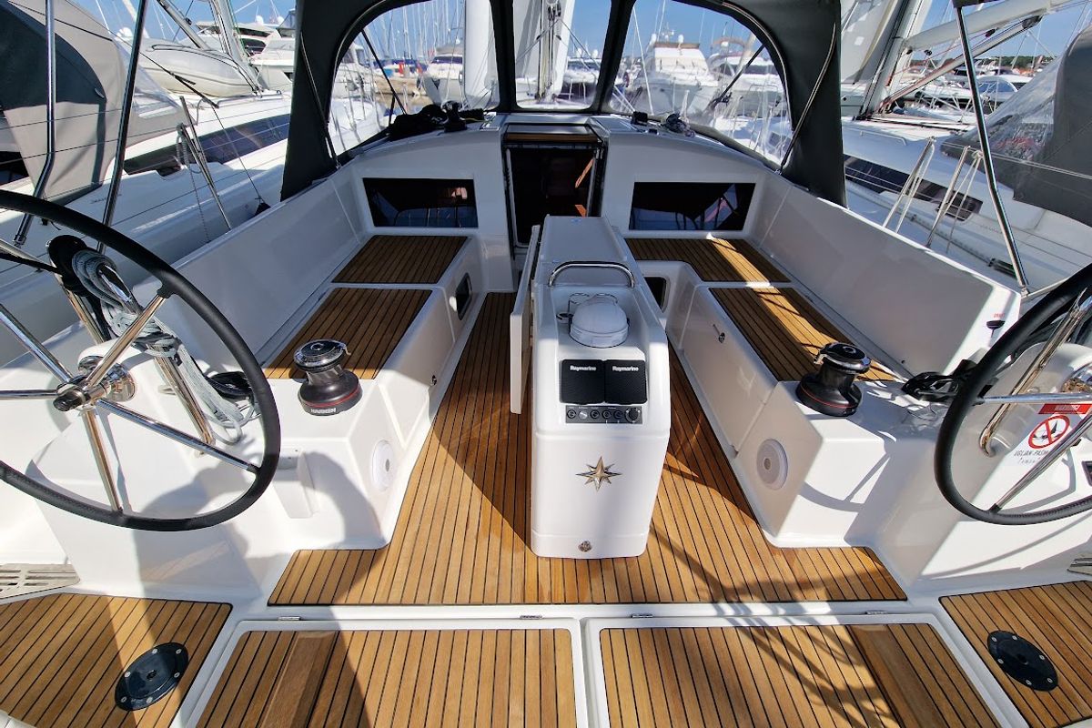 Cockpit of Vela, a Jeanneau Sun Odyssey 440 sailboat at Grad Biograd na Moru, Croatia