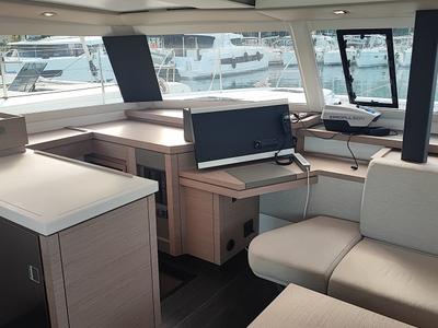 Cockpit of Reina, a Fountaine Pajot Astrea 42 catamaran at Fethiye, Turkey