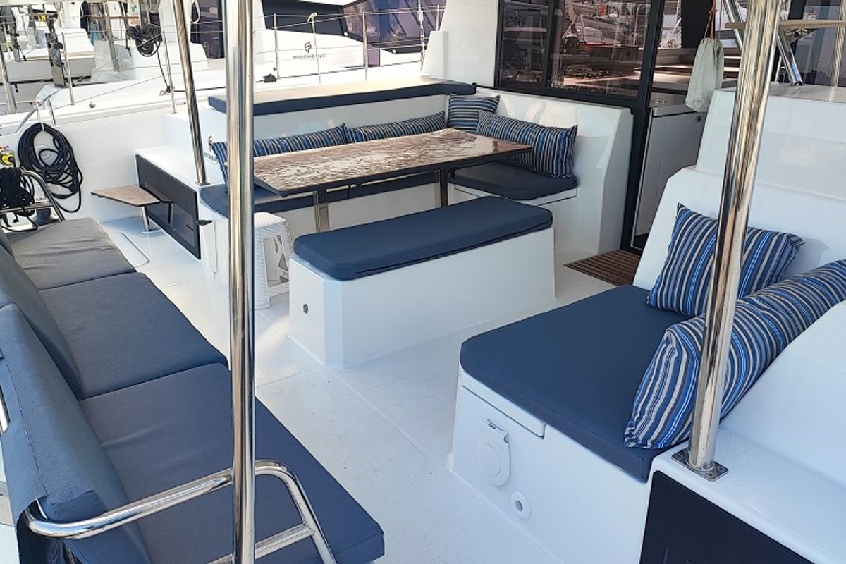 Deck of Reina, a Fountaine Pajot Astrea 42 catamaran at Fethiye, Turkey