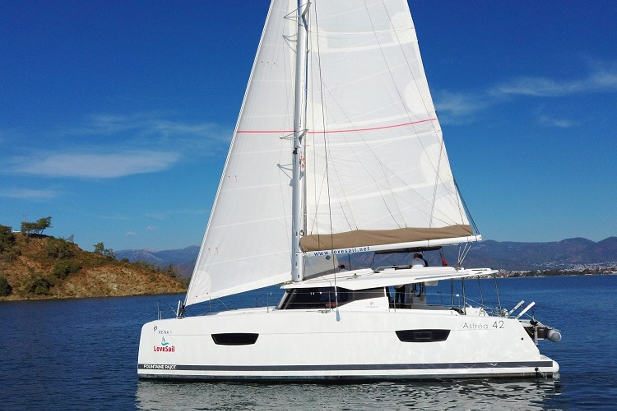 Exterior view of Reina, a Fountaine Pajot Astrea 42 catamaran at Fethiye, Turkey