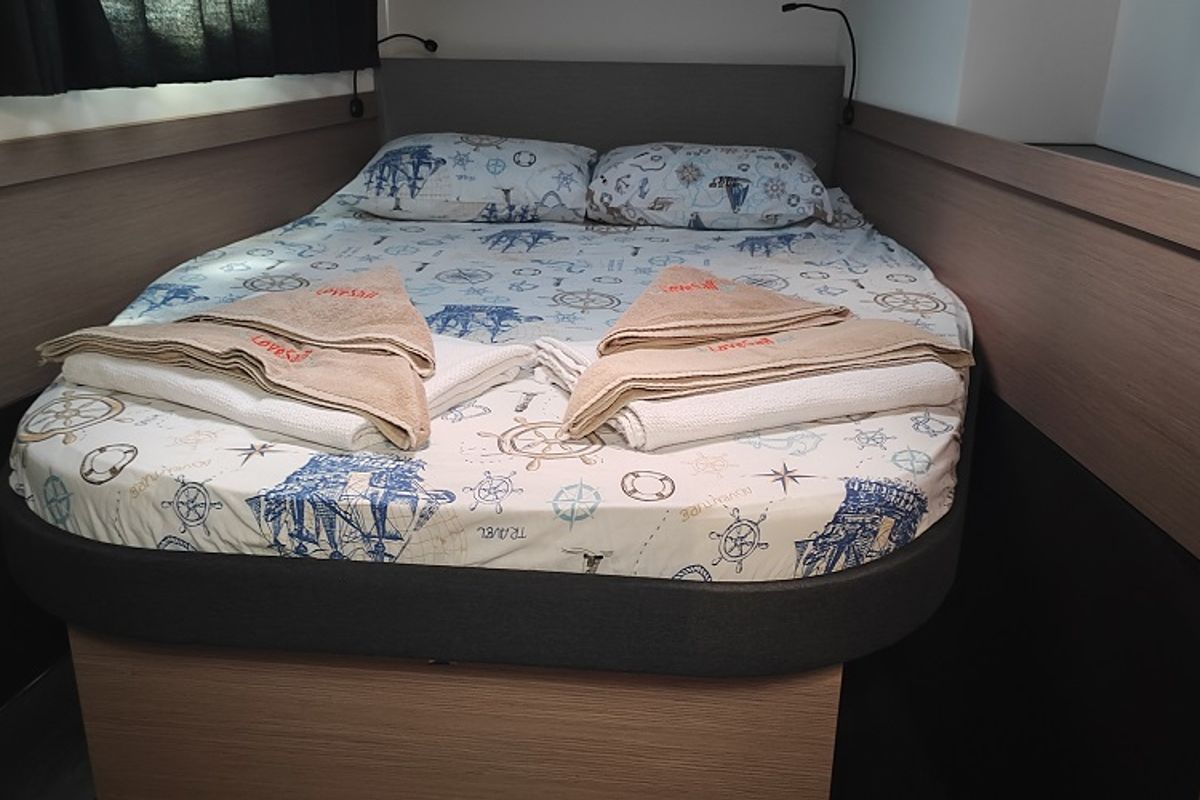 Cabin on Reina, a Fountaine Pajot Astrea 42 catamaran at Fethiye, Turkey