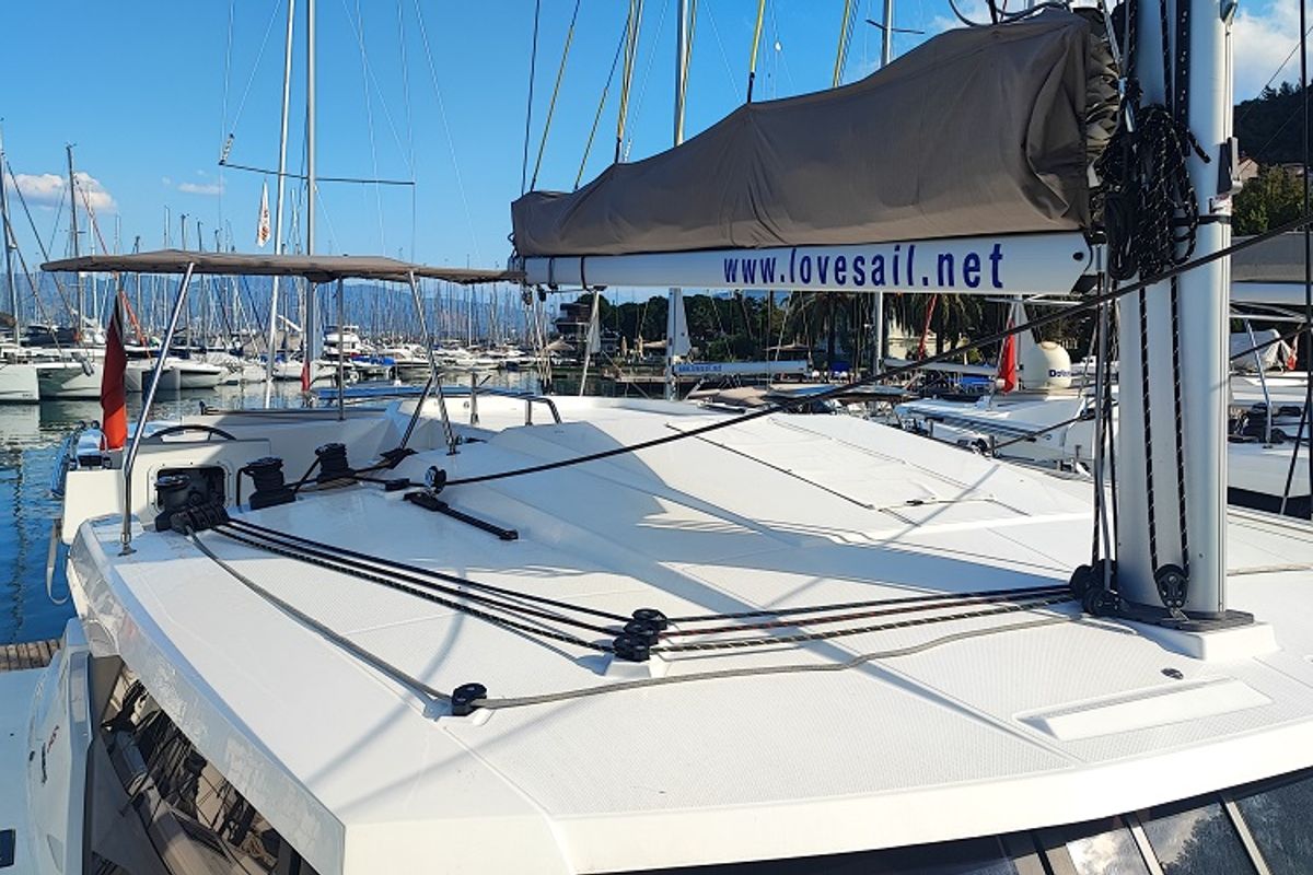 Deck of Reina, a Fountaine Pajot Astrea 42 catamaran at Fethiye, Turkey