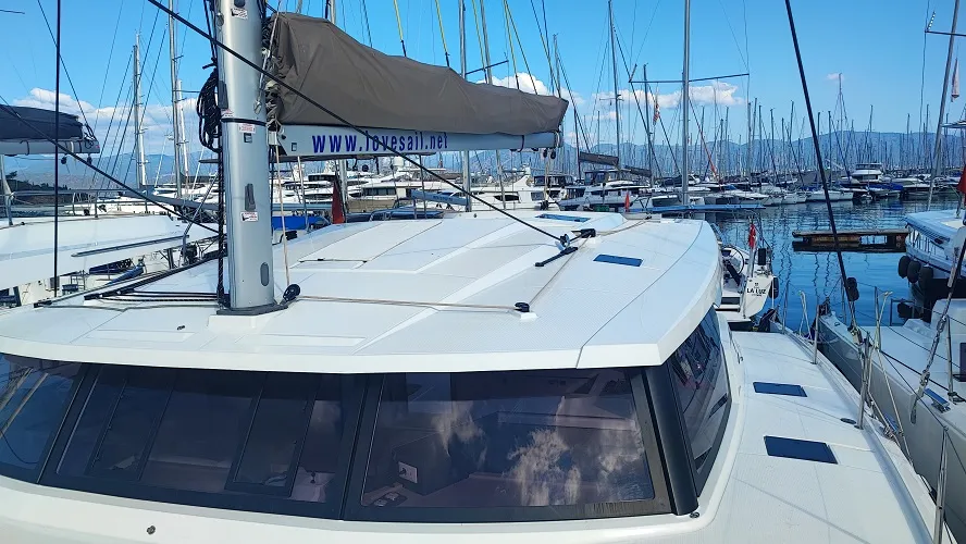Deck of Reina, a Fountaine Pajot Astrea 42 catamaran at Fethiye, Turkey