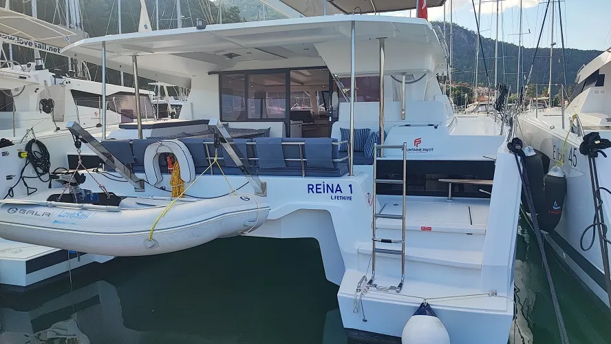 Exterior view of Reina, a Fountaine Pajot Astrea 42 catamaran at Fethiye, Turkey
