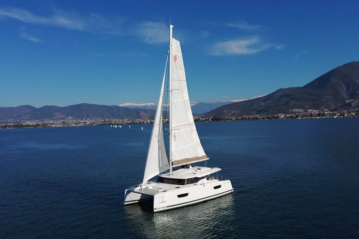 Exterior view of Reina, a Fountaine Pajot Astrea 42 catamaran at Fethiye, Turkey