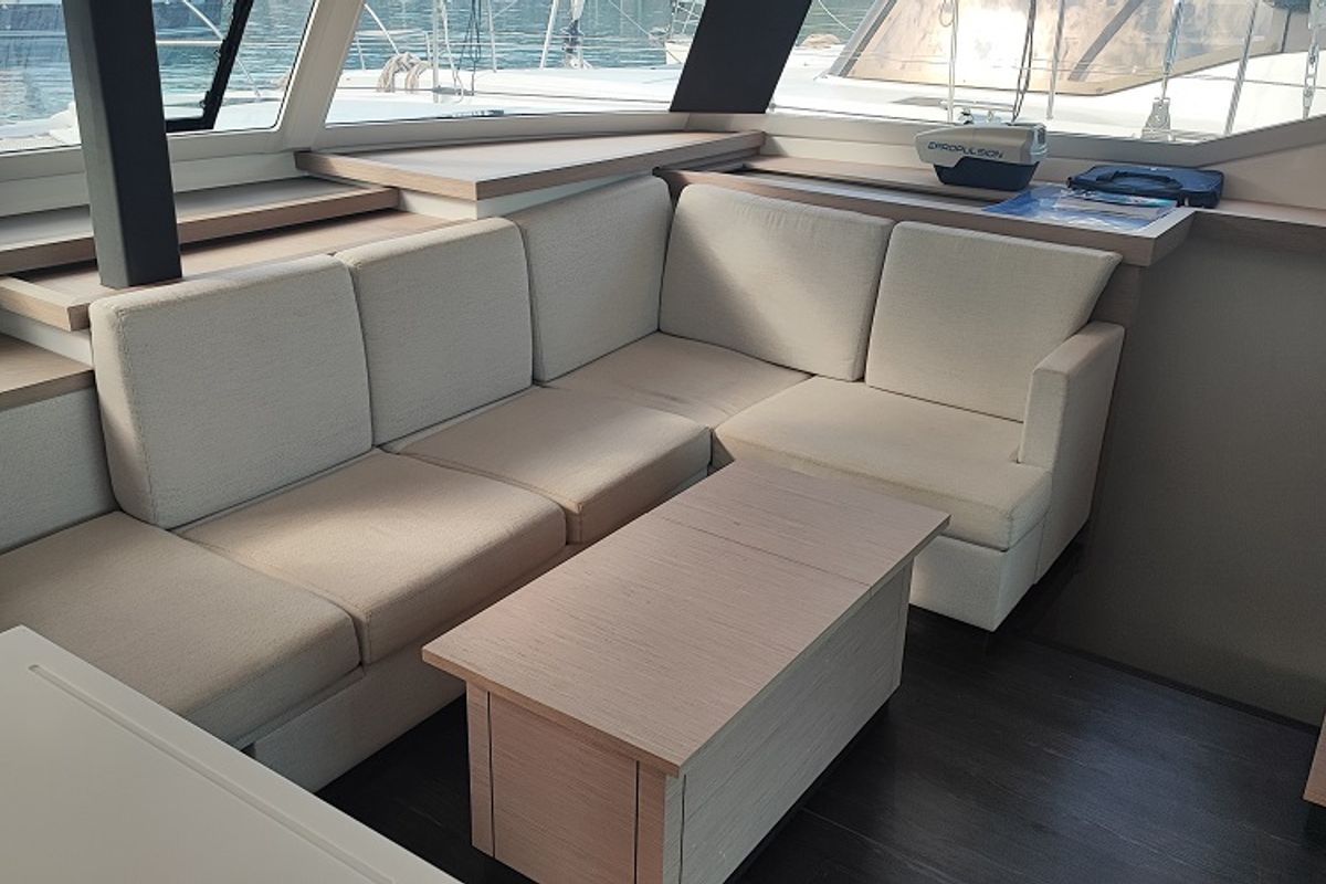 Salon of Reina, a Fountaine Pajot Astrea 42 catamaran at Fethiye, Turkey