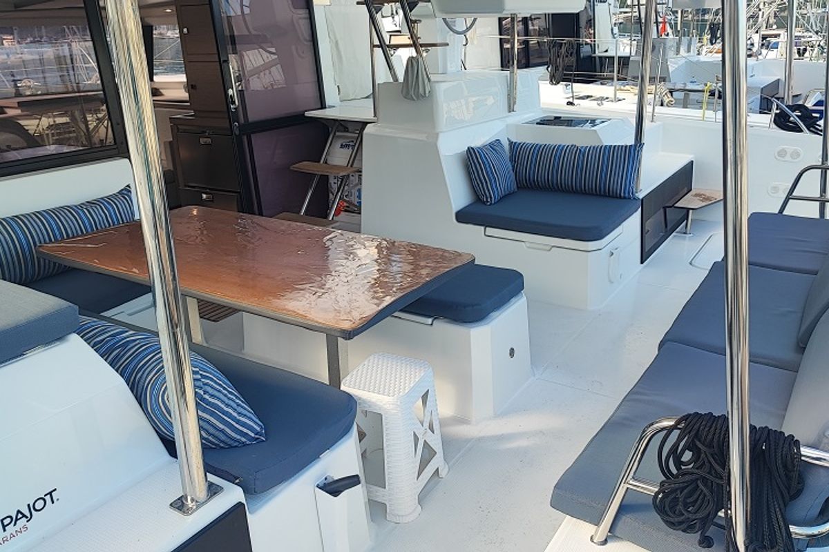 Deck of Reina, a Fountaine Pajot Astrea 42 catamaran at Fethiye, Turkey