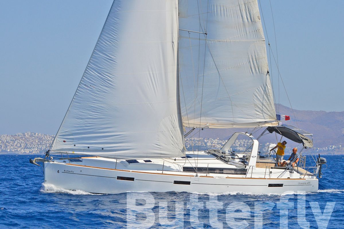 Exterior view of Butterfly, a Beneteau Oceanis 45 sailboat at Kos, Greece