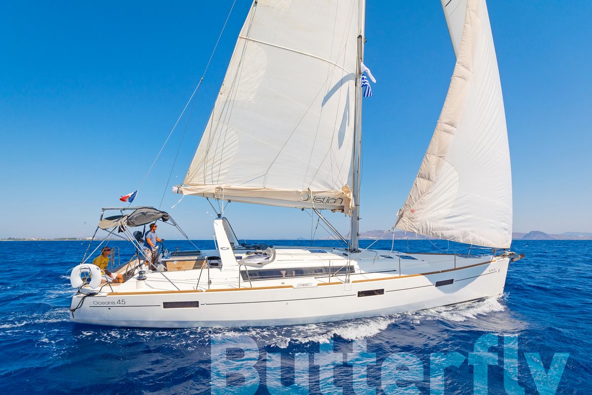 Exterior view of Butterfly, a Beneteau Oceanis 45 sailboat at Kos, Greece