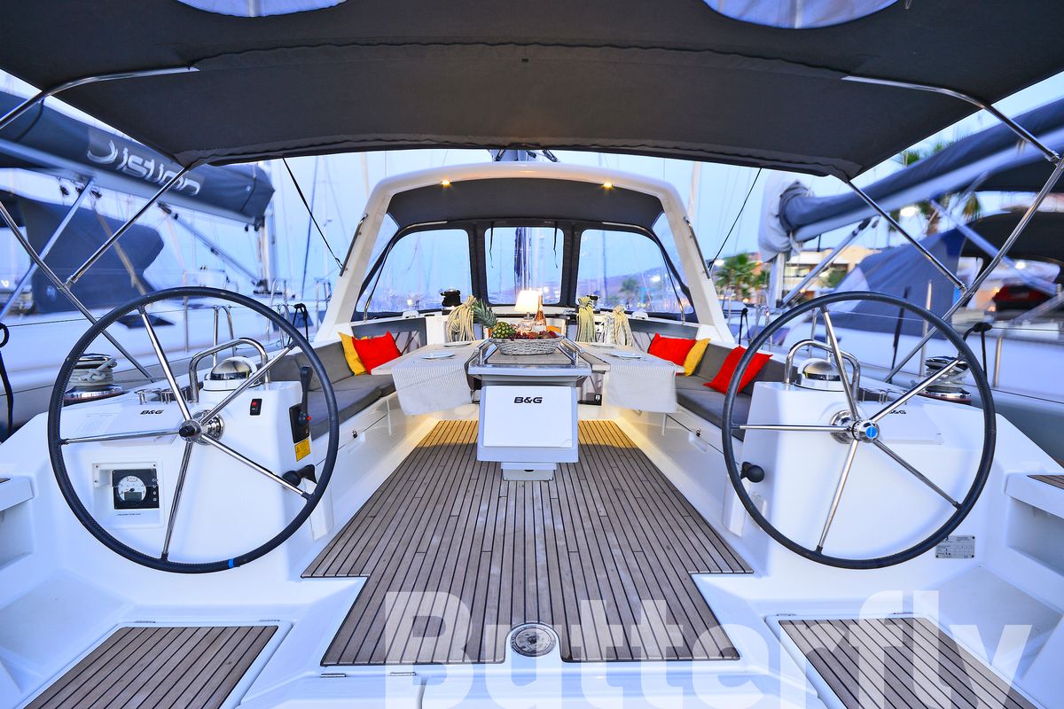 Cockpit of Butterfly, a Beneteau Oceanis 45 sailboat at Kos, Greece