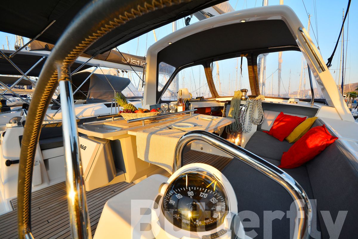Cockpit of Butterfly, a Beneteau Oceanis 45 sailboat at Kos, Greece