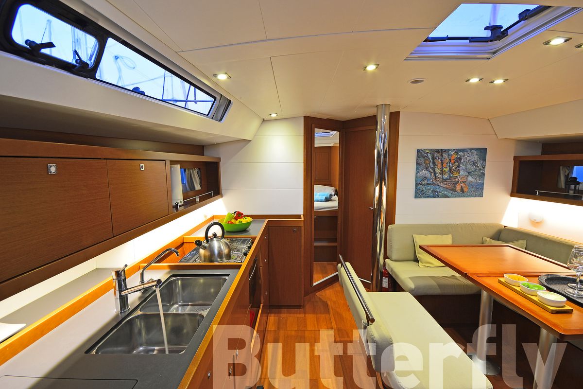 Salon of Butterfly, a Beneteau Oceanis 45 sailboat at Kos, Greece