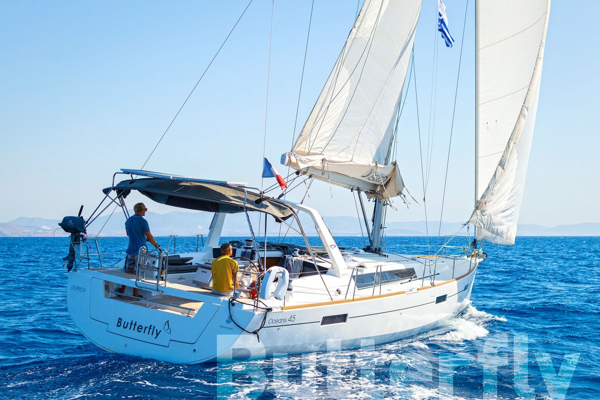 Exterior view of Butterfly, a Beneteau Oceanis 45 sailboat at Kos, Greece