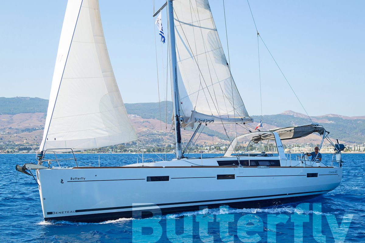 Exterior view of Butterfly, a Beneteau Oceanis 45 sailboat at Kos, Greece