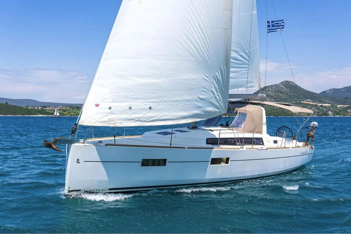 Exterior view of Zografia, a Beneteau Oceanis 38 sailboat at Municipal Unit of Lefkada, Greece