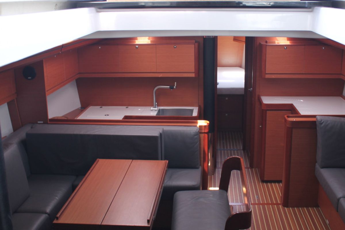 Salon of Holiday planet, a Dufour 520 Grand Large sailboat at Palermo, Italy