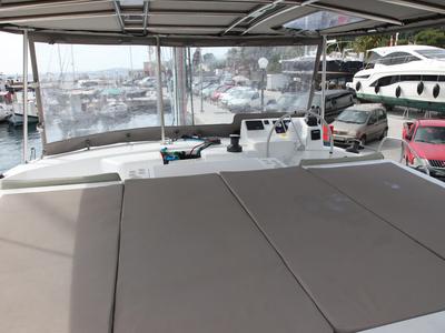 Cockpit of Metal Blue, a Bali Catspace catamaran at Benitses, Greece
