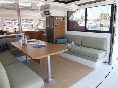 Salon of Metal Blue, a Bali Catspace catamaran at Benitses, Greece