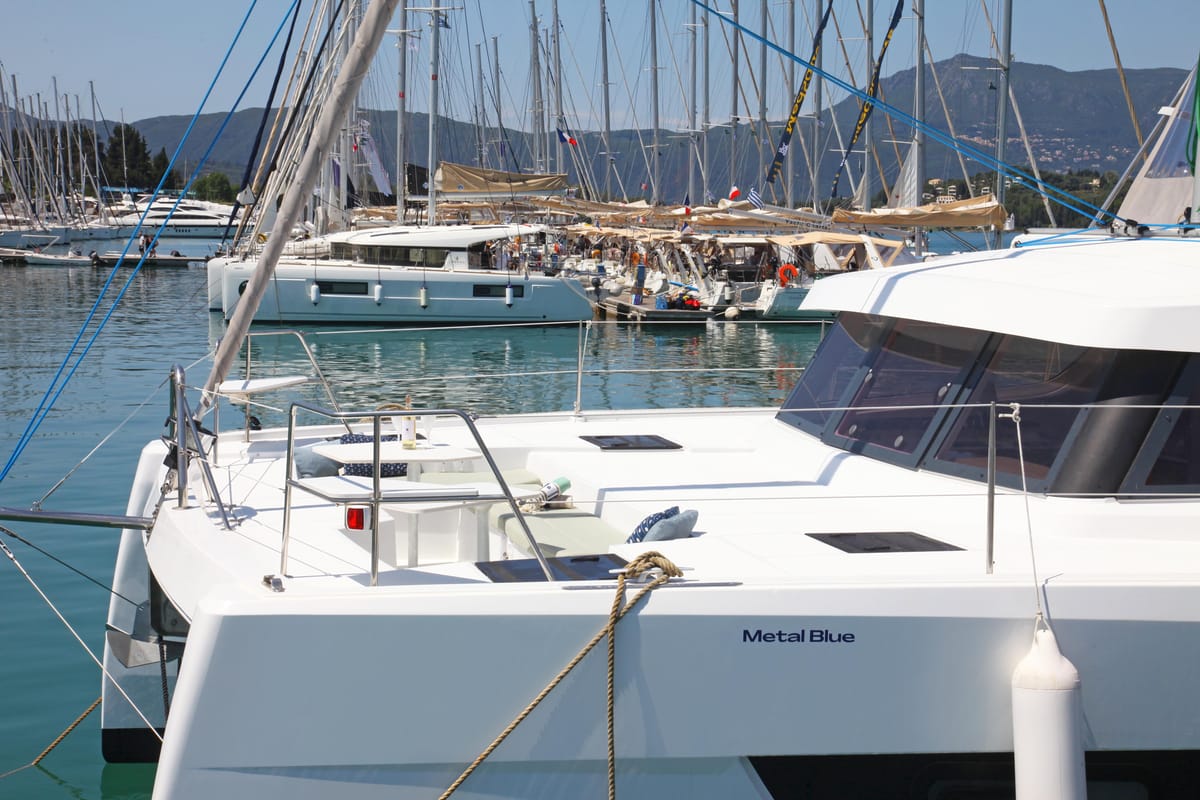 Deck of Metal Blue, a Bali Catspace catamaran at Benitses, Greece