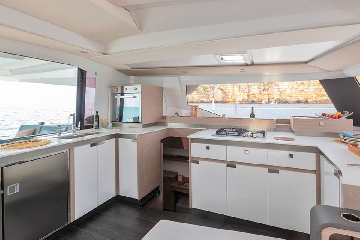 Galley of Alternate Current, a Fountaine Pajot Elba 45 catamaran at Road Town, British Virgin Islands