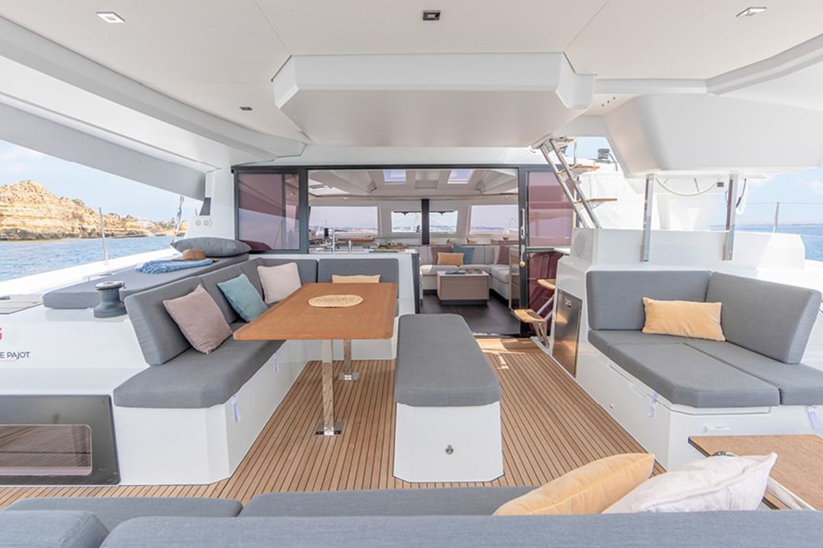 Deck of Alternate Current, a Fountaine Pajot Elba 45 catamaran at Road Town, British Virgin Islands