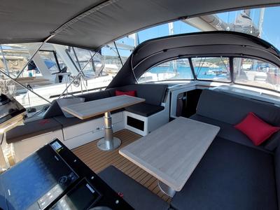 Deck of Nausicaä, a Hanse Yachts Hanse 460 sailboat at Rosignano Solvay, Italy