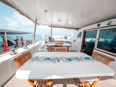 Deck of Faro, a Lagoon 570 catamaran at San Blas, Panama