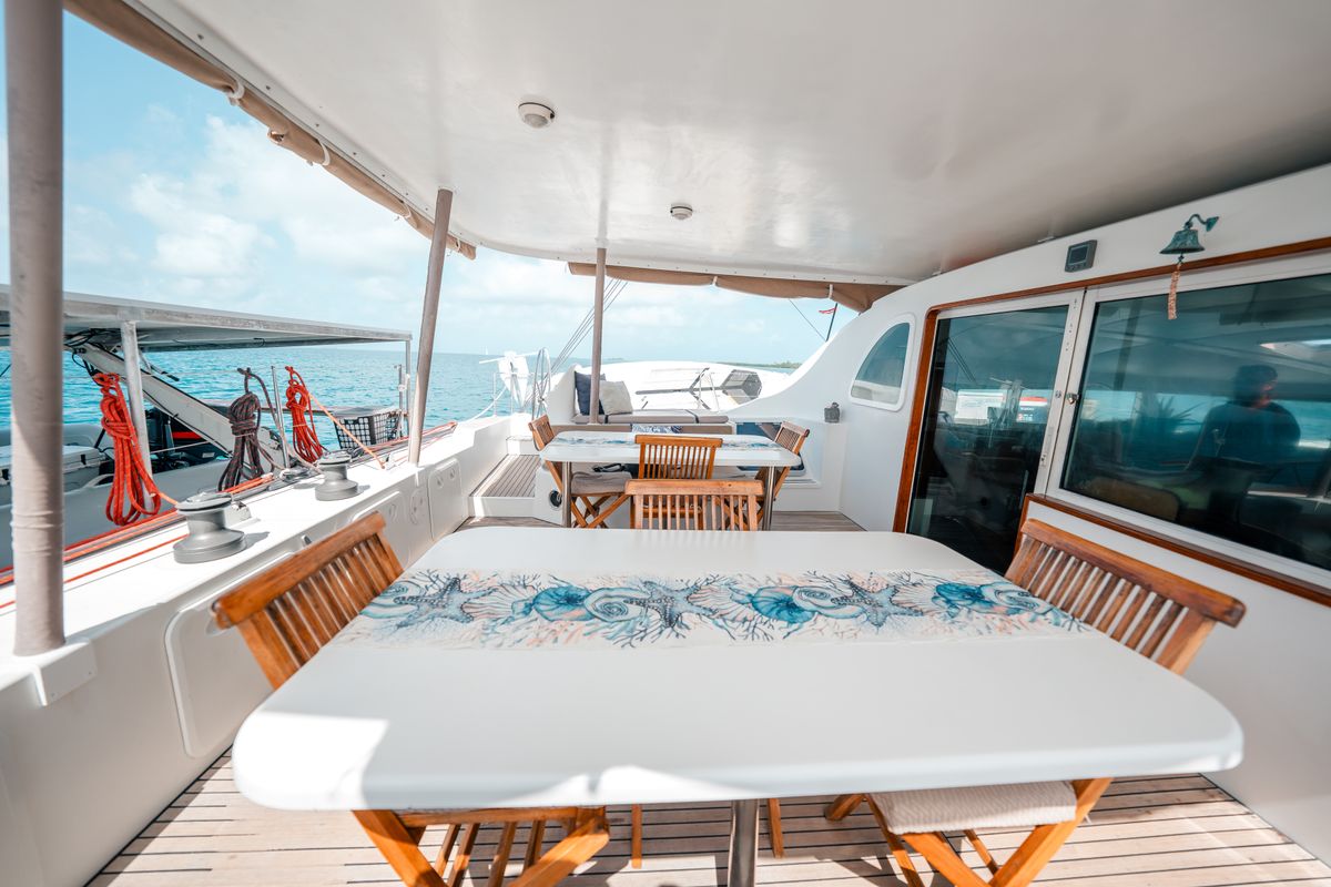 Deck of Faro, a Lagoon 570 catamaran at San Blas, Panama