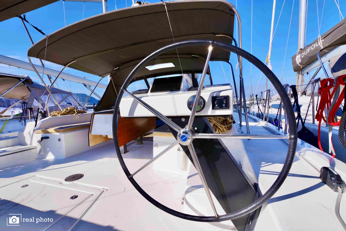 Cockpit of Cassiopea - A/C, Generator, Water maker, Solar Panel, a Dufour 530 sailboat at Castellammare di Stabia, Italy