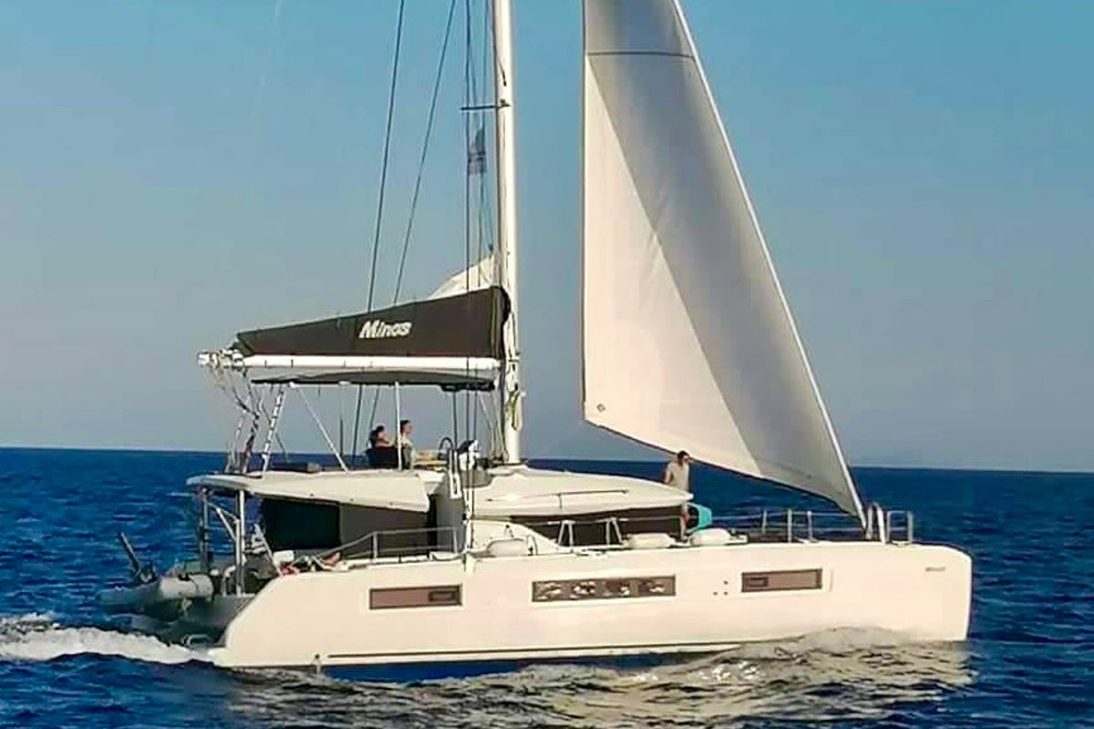 Exterior view of MINOS, a Lagoon 50 catamaran at Athens, Greece