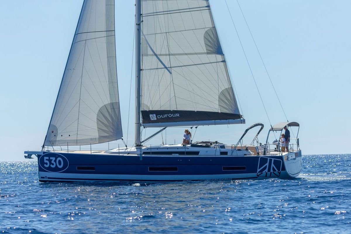 Exterior view of Cholita, a Dufour 530 sailboat at Road Town, British Virgin Islands