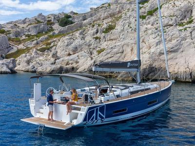 Exterior view of Cholita, a Dufour 530 sailboat at Road Town, British Virgin Islands