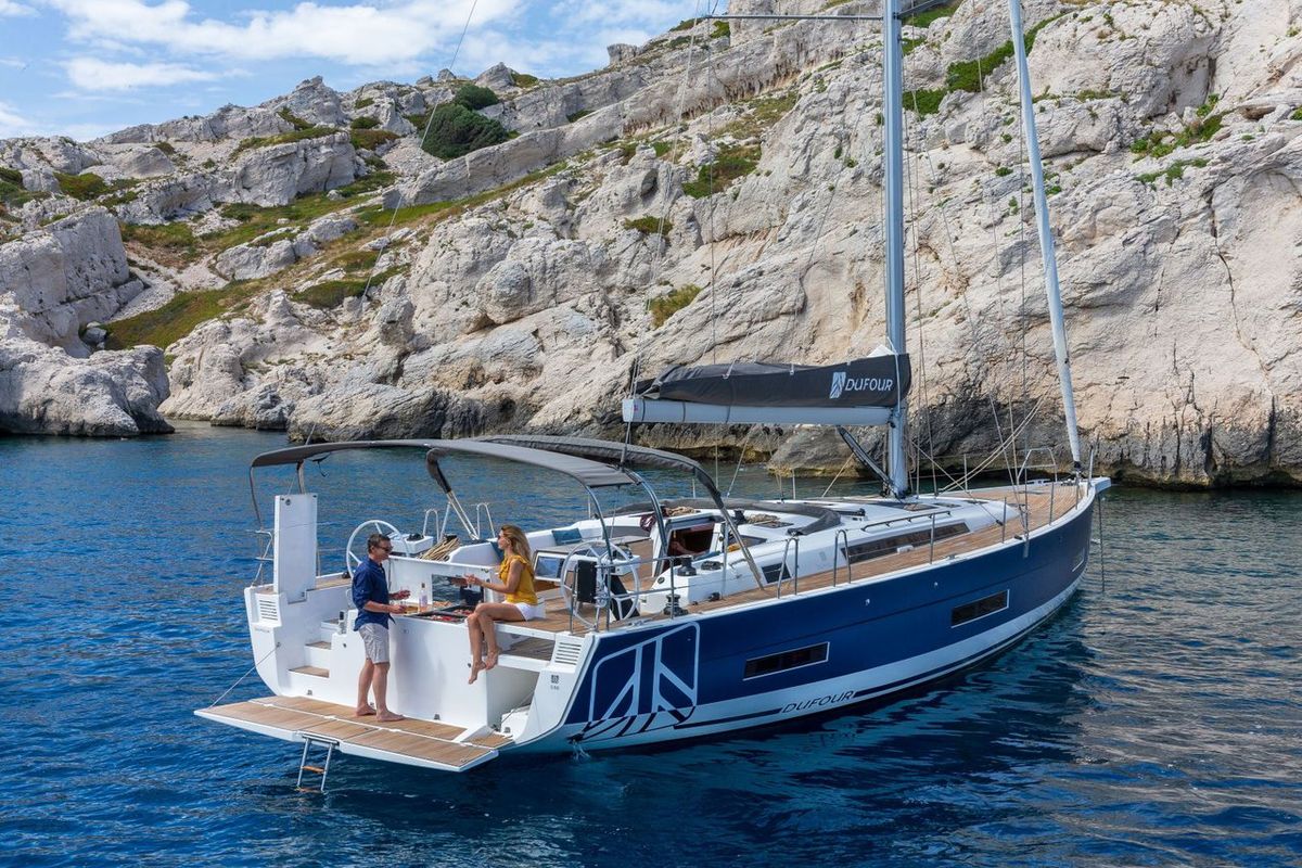 Exterior view of Cholita, a Dufour 530 sailboat at Road Town, British Virgin Islands
