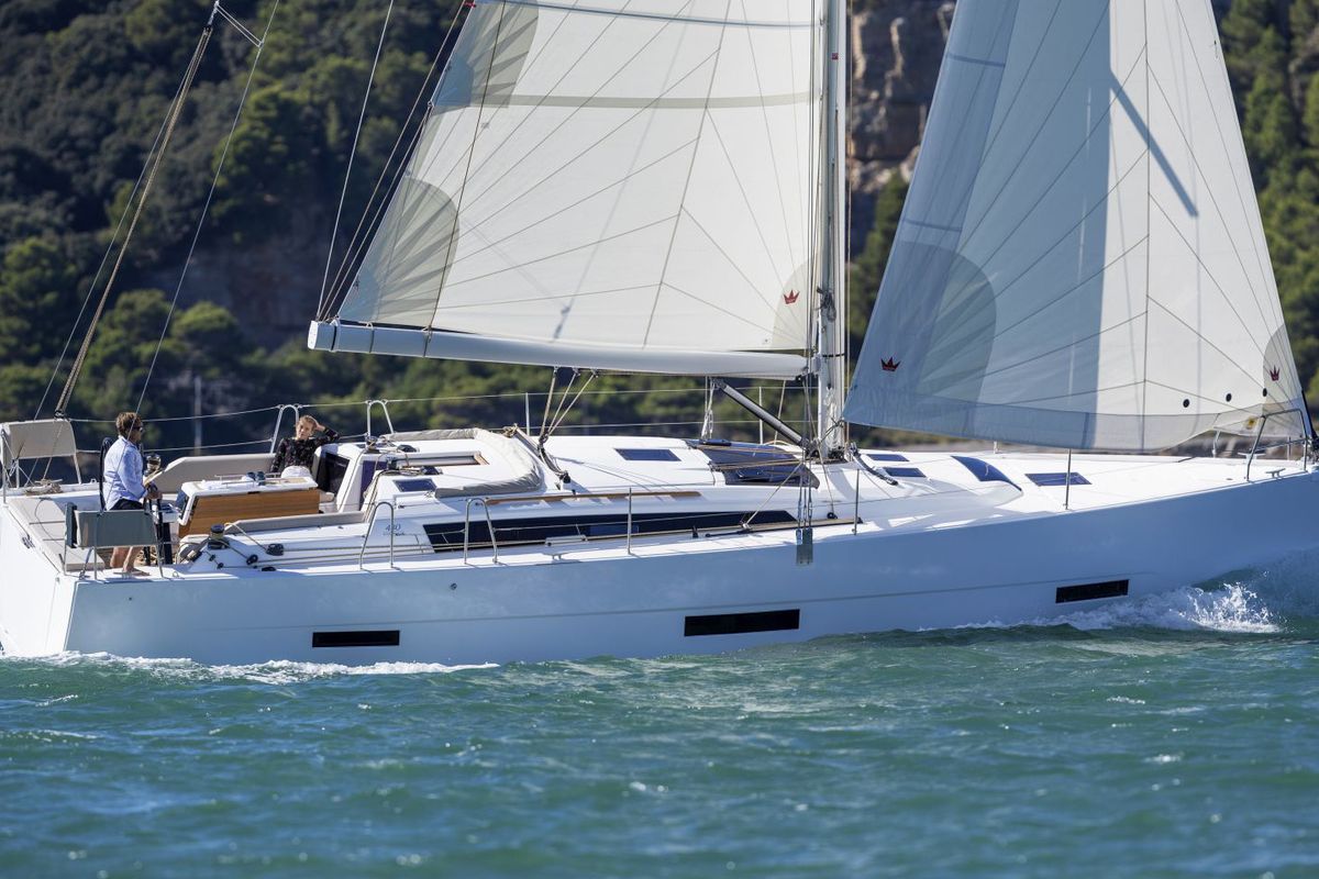 Exterior view of Nima 11, a Dufour 430 sailboat at Municipal Unit of Lefkada, Greece