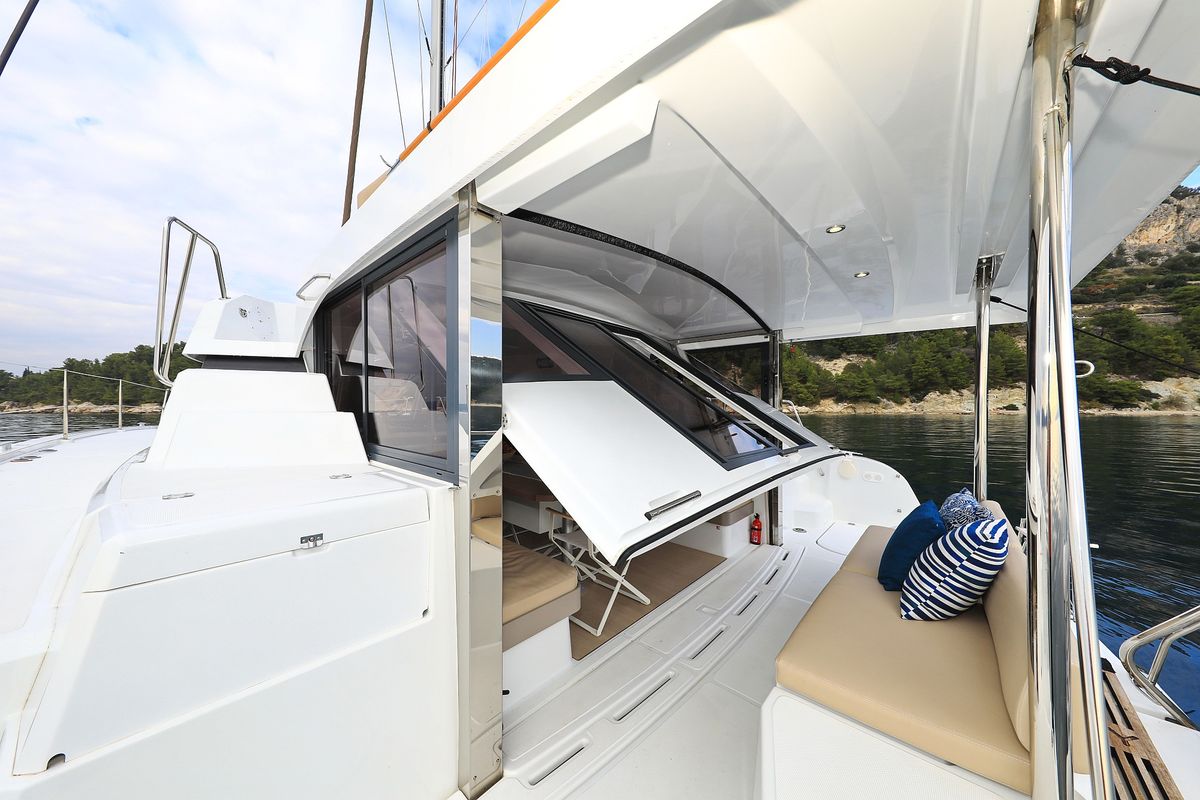 Deck of Salty Dragon, a Bali Catspace catamaran at Grad Kaštela, Croatia