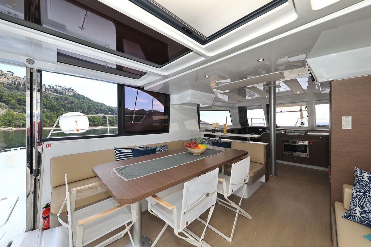 Salon of Salty Dragon, a Bali Catspace catamaran at Grad Kaštela, Croatia