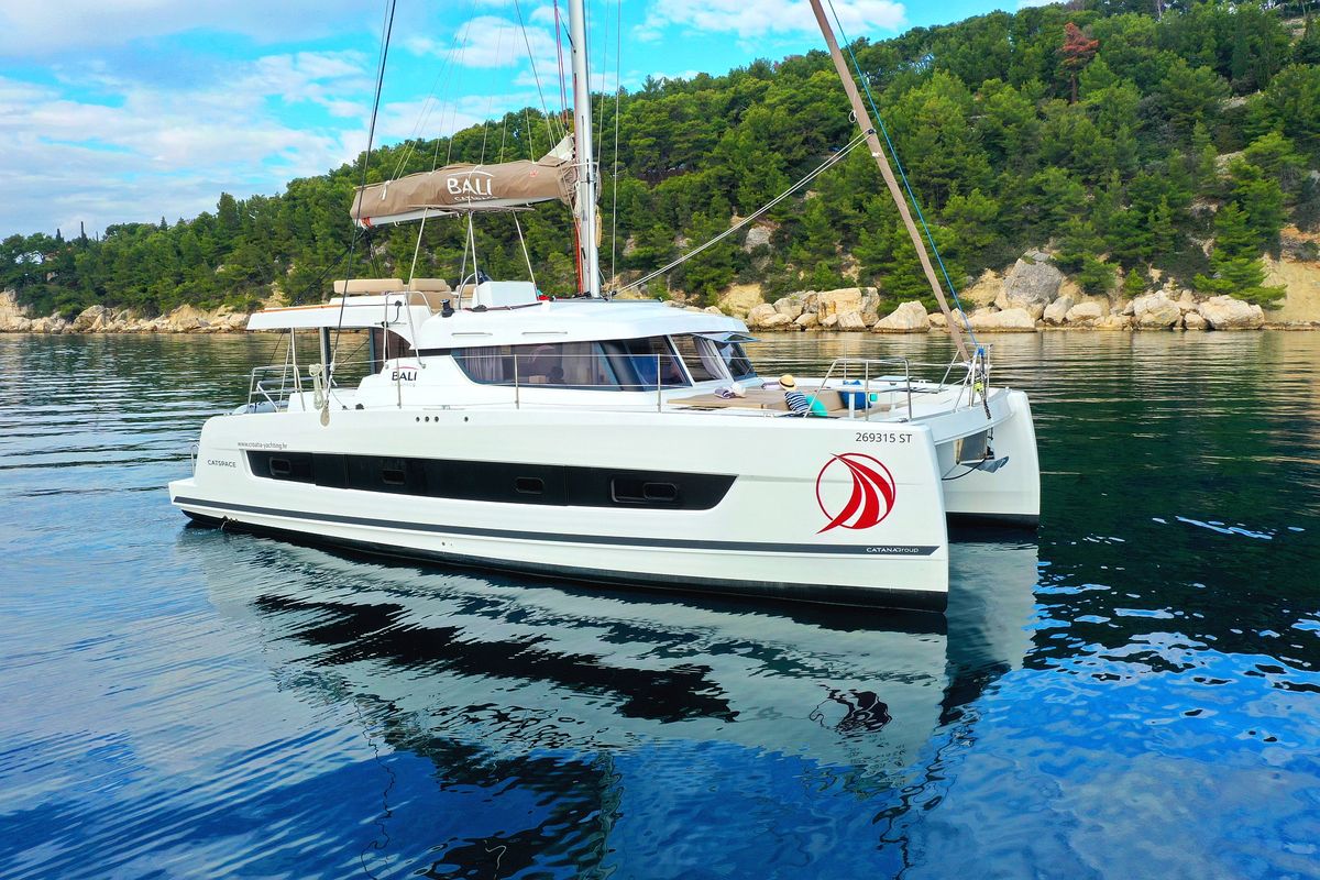 Exterior view of Salty Dragon, a Bali Catspace catamaran at Grad Kaštela, Croatia