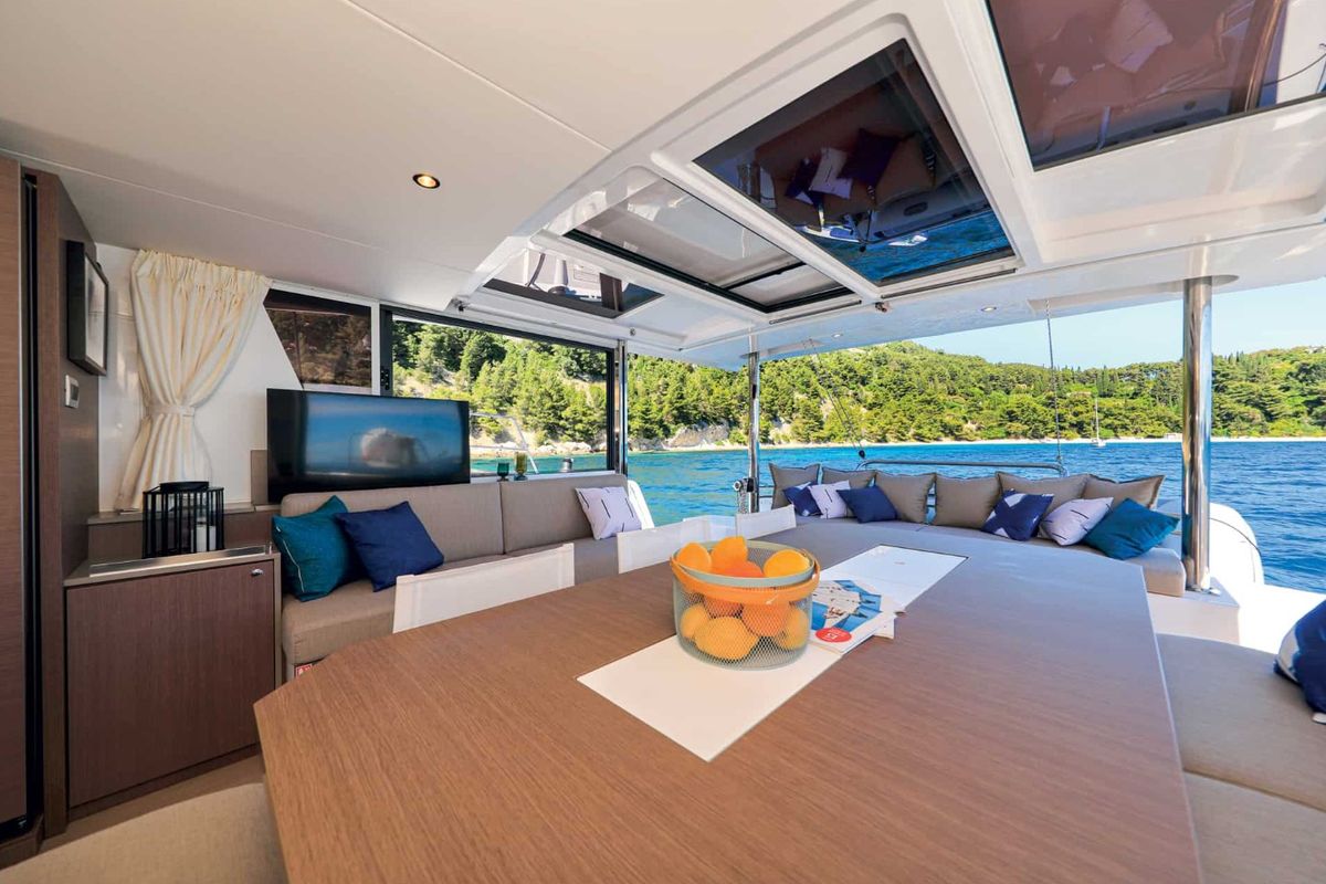 Salon of Standra, a Bali 4.6 catamaran at Municipal Unit of Lefkada, Greece
