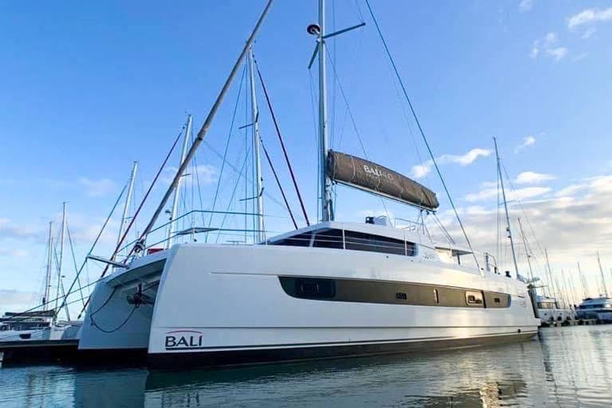 Exterior view of Standra, a Bali 4.6 catamaran at Municipal Unit of Lefkada, Greece